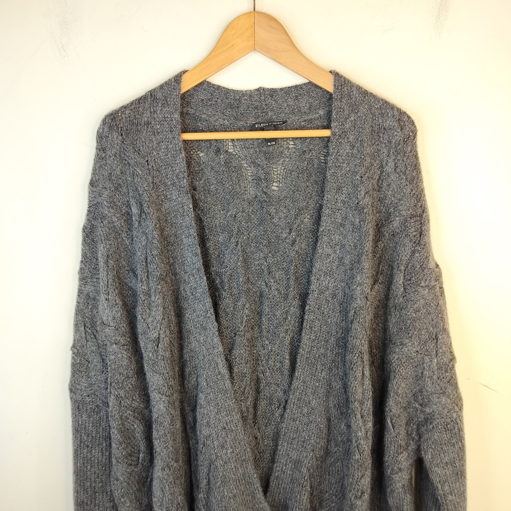 Eileen Fisher Wool Mohair Cardigan Sweater Size XL Cable Knit Open Front Minimal - Picture 2 of 12